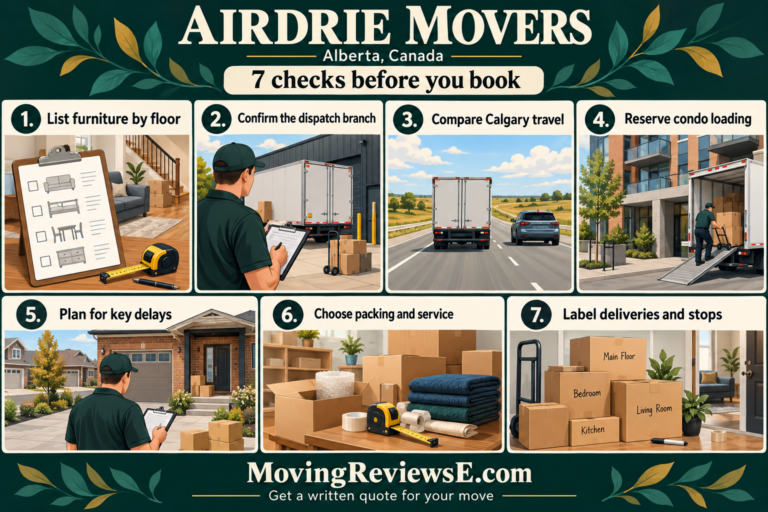 Airdrie, Alberta moving checklist: List furniture by floor; Confirm the dispatch branch; Compare Calgary travel; Reserve condo loading; Plan for key delays; Choose packing and service; Label deliveries and stops.