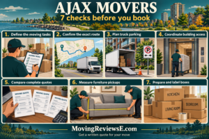 Ajax moving checklist: Define the moving tasks; Confirm the exact route; Plan truck parking; Coordinate building access; Compare complete quotes; Measure furniture pickups; Prepare and label boxes.