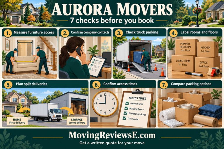 Aurora moving checklist: Measure furniture access; Confirm company contacts; Check truck parking; Label rooms and floors; Plan split deliveries; Confirm access times; Compare packing options.