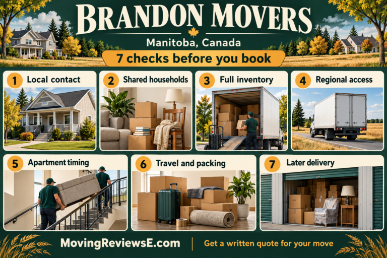 Brandon, Manitoba moving checklist: Local contact, Shared households, Full inventory, Regional access, Apartment timing, Travel and packing, Later delivery.