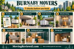Burnaby, British Columbia moving checklist: Provider and scope, Dock to suite, Truck clearance, Elevator timing, Furniture fit, Packing and lockers, Storage gap.