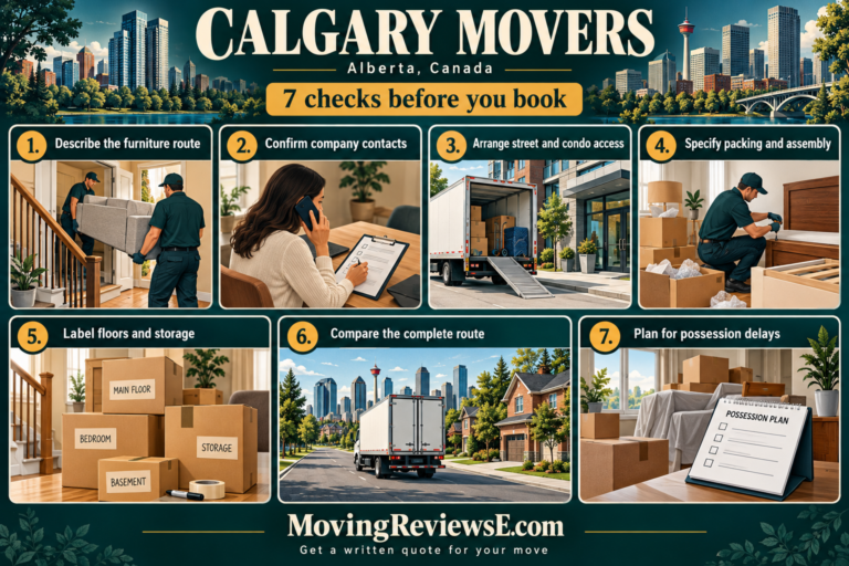 Calgary, Alberta moving checklist: Describe the furniture route; Confirm company contacts; Arrange street and condo access; Specify packing and assembly; Label floors and storage; Compare the complete route; Plan for possession delays.