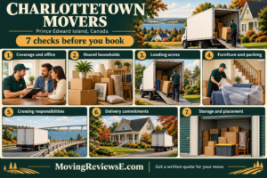 Charlottetown, Prince Edward Island moving checklist: Coverage and office, Shared households, Loading access, Furniture and packing, Crossing responsibilities, Delivery commitments, Storage and placement.