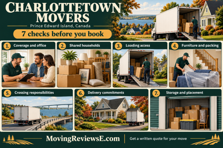 Charlottetown, Prince Edward Island moving checklist: Coverage and office, Shared households, Loading access, Furniture and packing, Crossing responsibilities, Delivery commitments, Storage and placement.