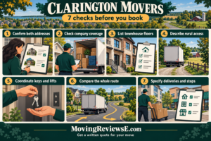 Clarington moving checklist: Confirm both addresses; Check company coverage; List townhouse floors; Describe rural access; Coordinate keys and lifts; Compare the whole route; Specify deliveries and stops.