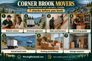 Corner Brook, Newfoundland and Labrador moving checklist: Branch contact, Driveway approach, Stairs and furniture, Workshop goods, Actual travel route, Packing and buildings, Storage sequence.