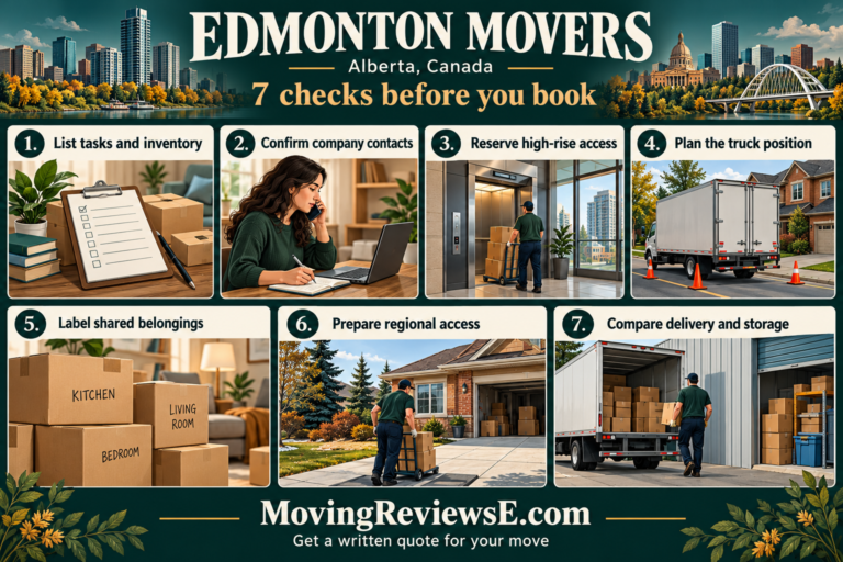 Edmonton, Alberta moving checklist: List tasks and inventory; Confirm company contacts; Reserve high-rise access; Plan the truck position; Label shared belongings; Prepare regional access; Compare delivery and storage.