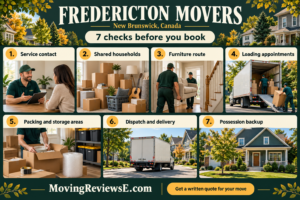 Fredericton, New Brunswick moving checklist: Service contact, Shared households, Furniture route, Loading appointments, Packing and storage areas, Dispatch and delivery, Possession backup.