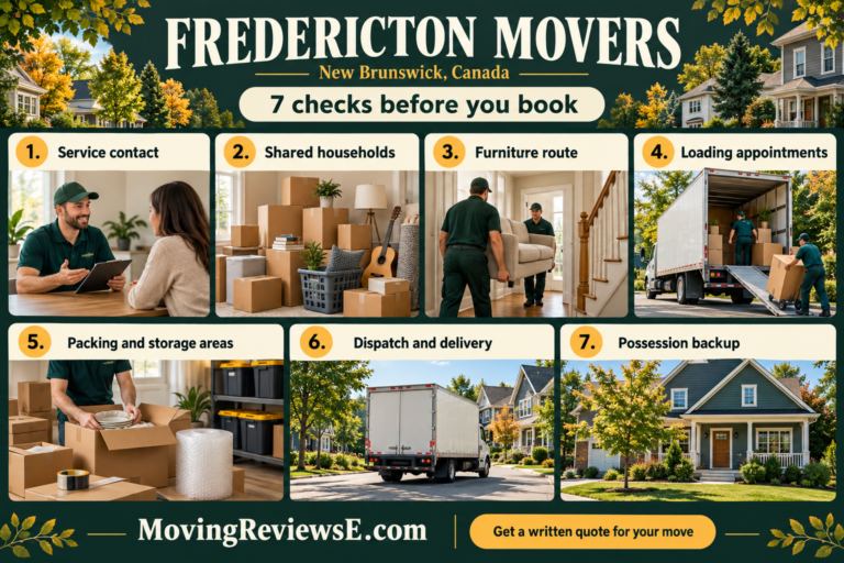 Fredericton, New Brunswick moving checklist: Service contact, Shared households, Furniture route, Loading appointments, Packing and storage areas, Dispatch and delivery, Possession backup.
