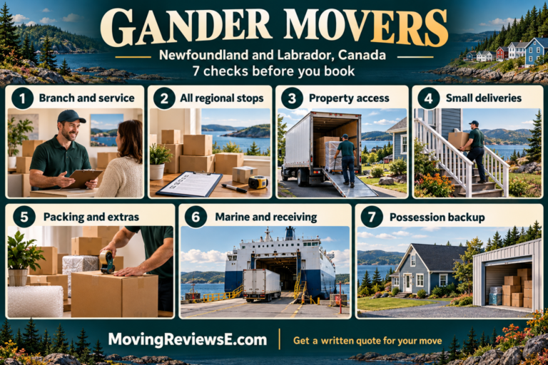 Gander, Newfoundland and Labrador moving checklist: Branch and service, All regional stops, Property access, Small deliveries, Packing and extras, Marine and receiving, Possession backup.