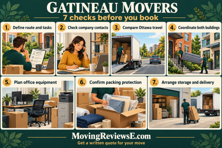 Gatineau moving checklist: Define route and tasks; Check company contacts; Compare Ottawa travel; Coordinate both buildings; Plan office equipment; Confirm packing protection; Arrange storage and delivery.