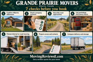 Grande Prairie, Alberta moving checklist: Confirm Alberta addresses; Check company contacts; Describe rural approaches; List workshop and heavy items; Choose internal or road moving; Prepare access and contacts; Compare delivery and storage.