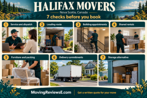 Halifax, Nova Scotia moving checklist: Service and dispatch, Loading route, Building appointments, Shared rentals, Furniture and packing, Delivery commitments, Storage alternative.