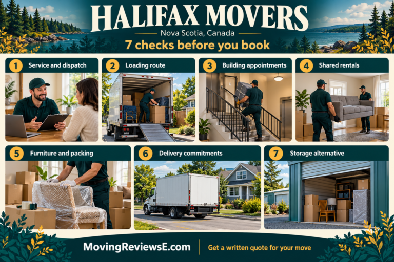 Halifax, Nova Scotia moving checklist: Service and dispatch, Loading route, Building appointments, Shared rentals, Furniture and packing, Delivery commitments, Storage alternative.