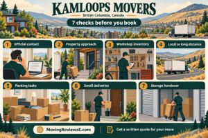 Kamloops, British Columbia moving checklist: Official contact, Property approach, Workshop inventory, Local or long distance, Packing tasks, Small deliveries, Storage handover.