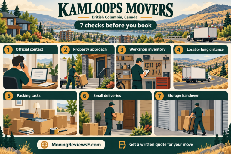 Kamloops, British Columbia moving checklist: Official contact, Property approach, Workshop inventory, Local or long distance, Packing tasks, Small deliveries, Storage handover.