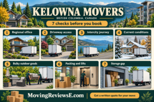 Kelowna, British Columbia moving checklist: Regional office, Driveway access, Intercity journey, Current conditions, Bulky outdoor goods, Packing and lifts, Storage gap.