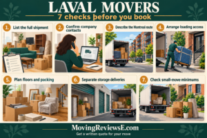 Laval moving checklist: List the full shipment; Confirm company contacts; Describe the Montreal route; Arrange loading access; Plan floors and packing; Separate storage deliveries; Check small-move minimums.