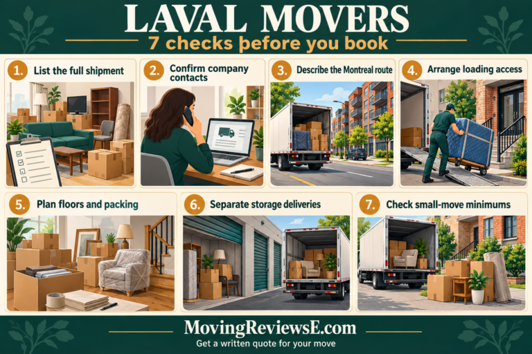 Laval moving checklist: List the full shipment; Confirm company contacts; Describe the Montreal route; Arrange loading access; Plan floors and packing; Separate storage deliveries; Check small-move minimums.