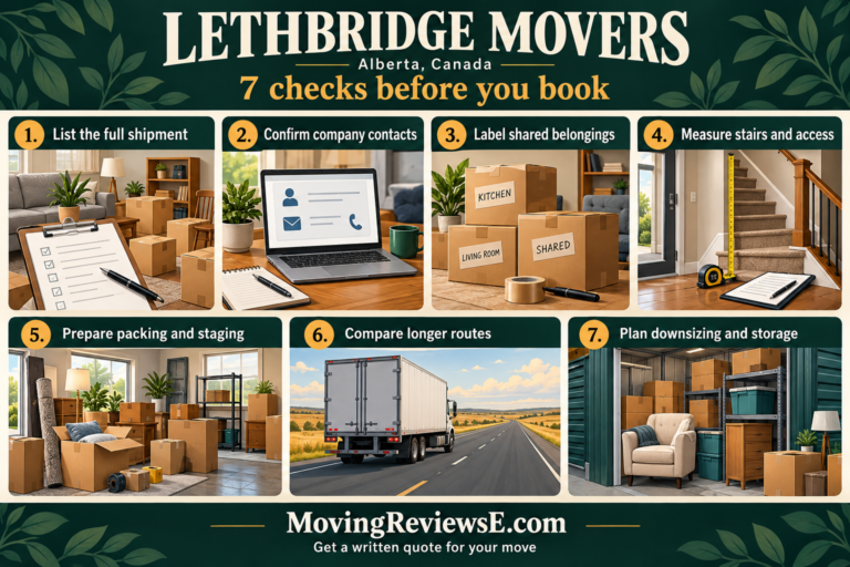Lethbridge, Alberta moving checklist: List the full shipment; Confirm company contacts; Label shared belongings; Measure stairs and access; Prepare packing and staging; Compare longer routes; Plan downsizing and storage.