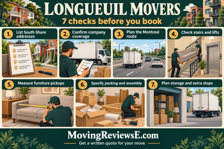 Longueuil moving checklist: List South Shore addresses; Confirm company coverage; Plan the Montreal route; Check stairs and lifts; Measure furniture pickups; Specify packing and assembly; Plan storage and extra stops.