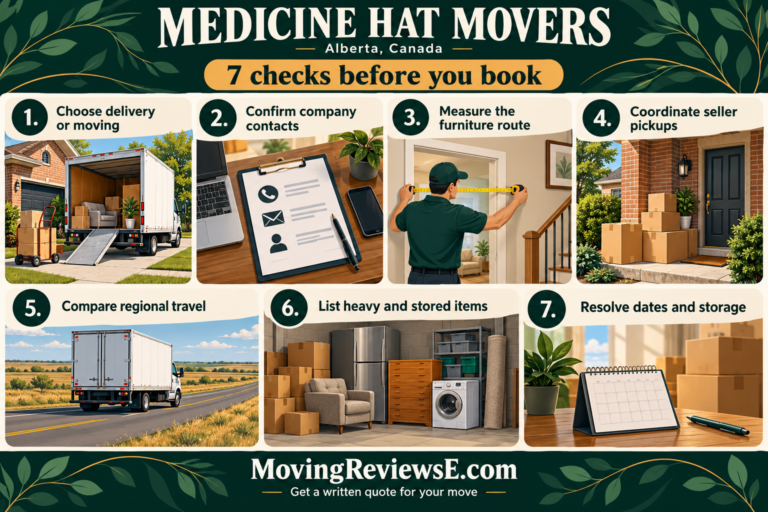 Medicine Hat, Alberta moving checklist: Choose delivery or moving; Confirm company contacts; Measure the furniture route; Coordinate seller pickups; Compare regional travel; List heavy and stored items; Resolve dates and storage.