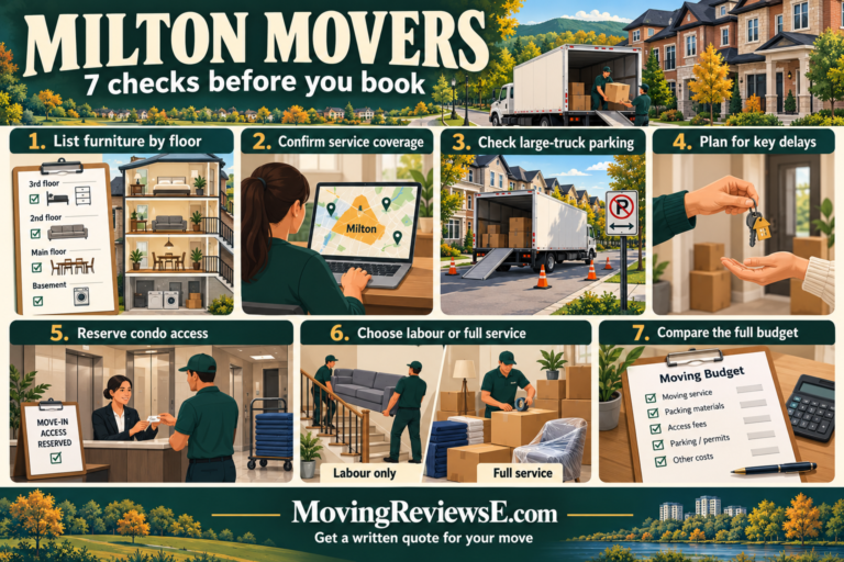 Milton moving checklist: List furniture by floor; Confirm service coverage; Check large-truck parking; Plan for key delays; Reserve condo access; Choose labour or full service; Compare the full budget.