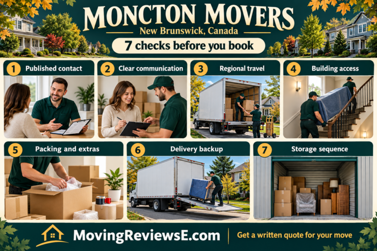Moncton, New Brunswick moving checklist: Published contact, Clear communication, Regional travel, Building access, Packing and extras, Delivery backup, Storage sequence.