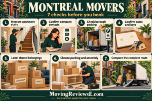 Montreal moving checklist: Measure apartment stairs; Confirm company contacts; Check borough parking; Confirm dates and keys; Label shared belongings; Choose packing and assembly; Compare the complete route.