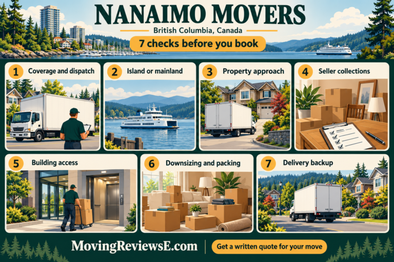 Nanaimo, British Columbia moving checklist: Coverage and dispatch, Island or mainland, Property approach, Seller collections, Building access, Downsizing and packing, Delivery backup.
