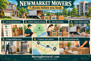 Newmarket moving checklist: List the full shipment; Confirm company coverage; Plan downsizing; Check vehicle parking; Arrange building access; Compare route options; Specify packing tasks.