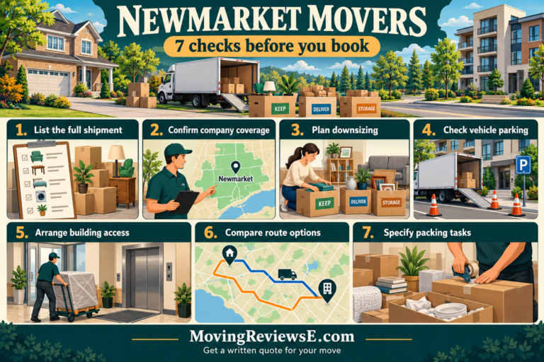 Newmarket moving checklist: List the full shipment; Confirm company coverage; Plan downsizing; Check vehicle parking; Arrange building access; Compare route options; Specify packing tasks.