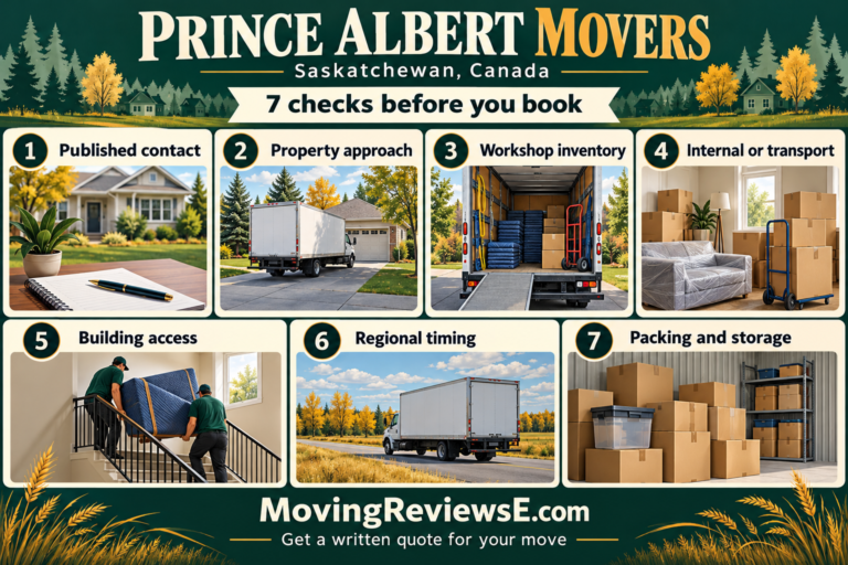 Prince Albert, Saskatchewan moving checklist: Published contact, Property approach, Workshop inventory, Internal or transport, Building access, Regional timing, Packing and storage.