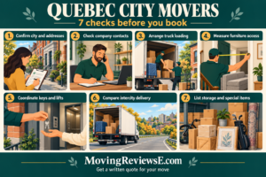 Quebec City moving checklist: Confirm city and addresses; Check company contacts; Arrange truck loading; Measure furniture access; Coordinate keys and lifts; Compare intercity delivery; List storage and special items.