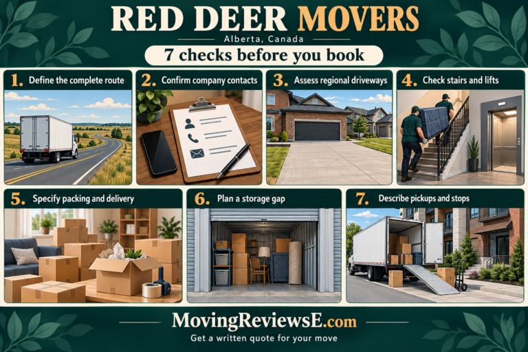 Red Deer, Alberta moving checklist: Define the complete route; Confirm company contacts; Assess regional driveways; Check stairs and lifts; Specify packing and delivery; Plan a storage gap; Describe pickups and stops.