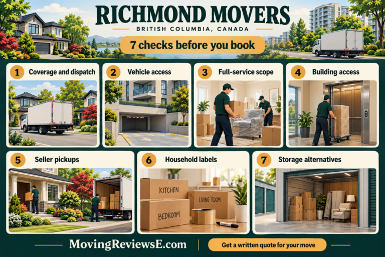 Richmond, British Columbia moving checklist: Coverage and dispatch, Vehicle access, Full-service scope, Building access, Seller pickups, Household labels, Storage alternatives.