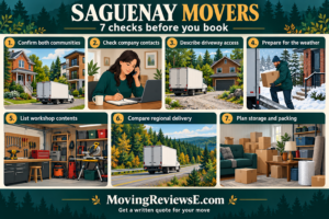 Saguenay moving checklist: Confirm both communities; Check company contacts; Describe driveway access; Prepare for the weather; List workshop contents; Compare regional delivery; Plan storage and packing.