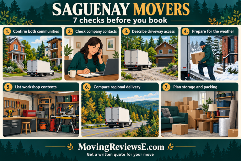 Saguenay moving checklist: Confirm both communities; Check company contacts; Describe driveway access; Prepare for the weather; List workshop contents; Compare regional delivery; Plan storage and packing.