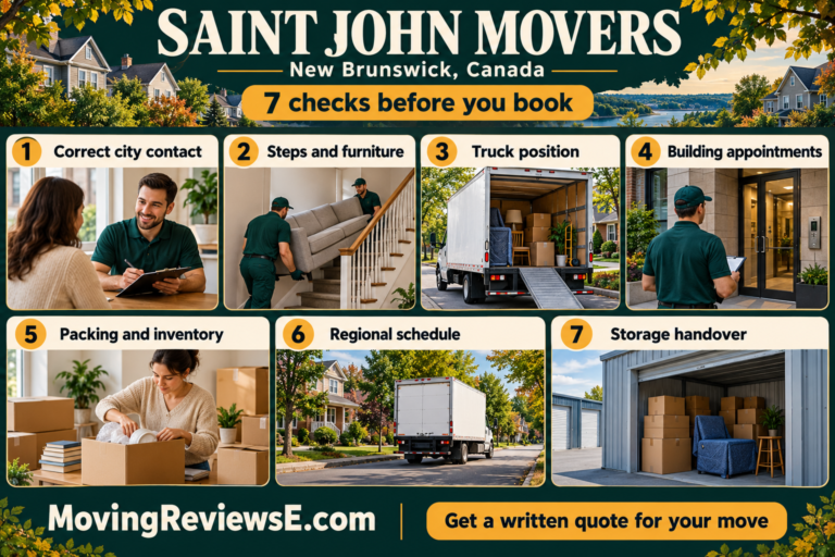 Saint John, New Brunswick moving checklist: Correct city contact, Steps and furniture, Truck position, Building appointments, Packing and inventory, Regional schedule, Storage handover.