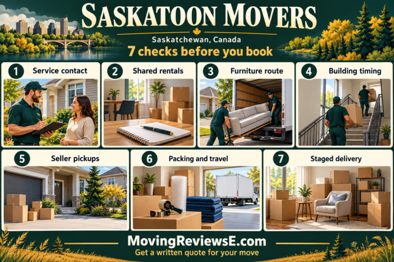 Saskatoon, Saskatchewan moving checklist: Service contact, Shared rentals, Furniture route, Building timing, Seller pickups, Packing and travel, Staged delivery.