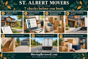 St. Albert, Alberta moving checklist: Confirm Alberta addresses; Check company contacts; Plan downsizing destinations; Arrange building access; Assess stairs and driveways; Compare Edmonton travel; Specify packing and storage.