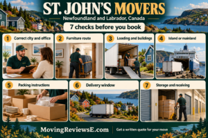 St. John's, Newfoundland and Labrador moving checklist: Correct city and office, Furniture route, Loading and buildings, Island or mainland, Packing instructions, Delivery window, Storage and receiving.