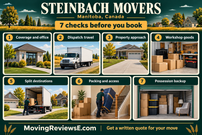 Steinbach, Manitoba moving checklist: Coverage and office, Dispatch travel, Property approach, Workshop goods, Split destinations, Packing and access, Possession backup.