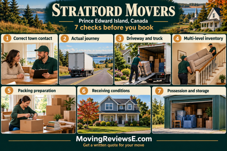 Stratford, Prince Edward Island moving checklist: Correct town contact, Actual journey, Driveway and truck, Multi-level inventory, Packing preparation, Receiving conditions, Possession and storage.