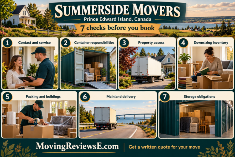 Summerside, Prince Edward Island moving checklist: Contact and service, Container responsibilities, Property access, Downsizing inventory, Packing and buildings, Mainland delivery, Storage obligations.