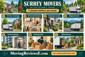 Surrey, British Columbia moving checklist: Service coverage, All household levels, Townhouse access, Regional travel, Condo bookings, Packing tasks, Split delivery.