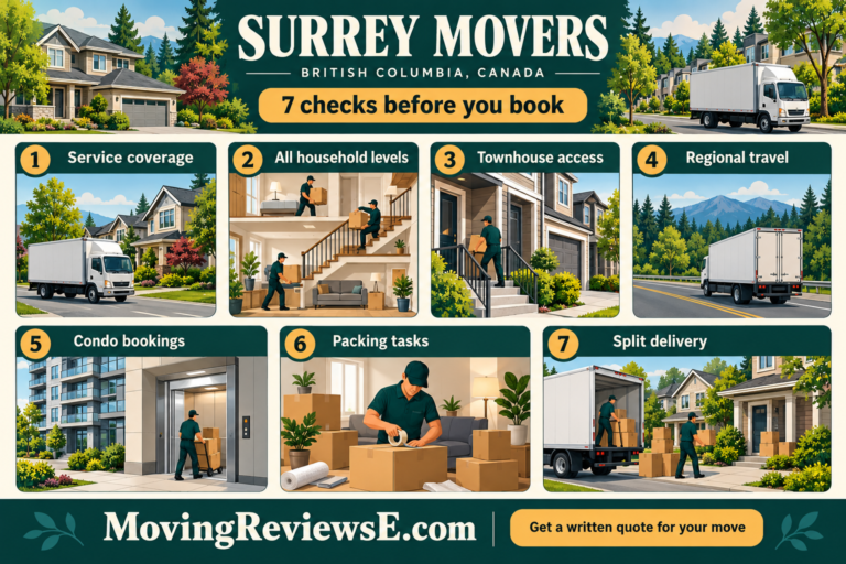 Surrey, British Columbia moving checklist: Service coverage, All household levels, Townhouse access, Regional travel, Condo bookings, Packing tasks, Split delivery.