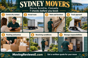 Sydney, Nova Scotia moving checklist: Correct city contact, Actual route, Stairs and furniture, Truck approach, Packing and extras, Receiving conditions, Storage responsibilities.
