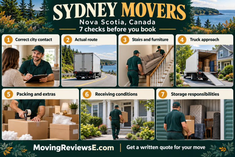 Sydney, Nova Scotia moving checklist: Correct city contact, Actual route, Stairs and furniture, Truck approach, Packing and extras, Receiving conditions, Storage responsibilities.