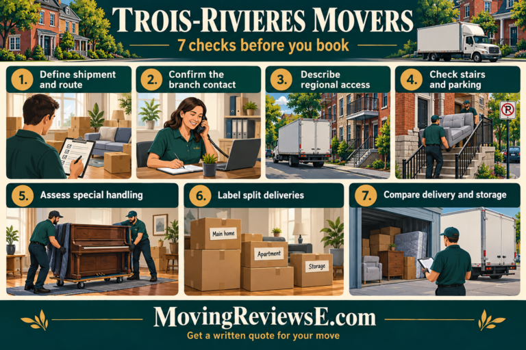 Trois-Rivieres moving checklist: Define shipment and route; Confirm the branch contact; Describe regional access; Check stairs and parking; Assess special handling; Label split deliveries; Compare delivery and storage.